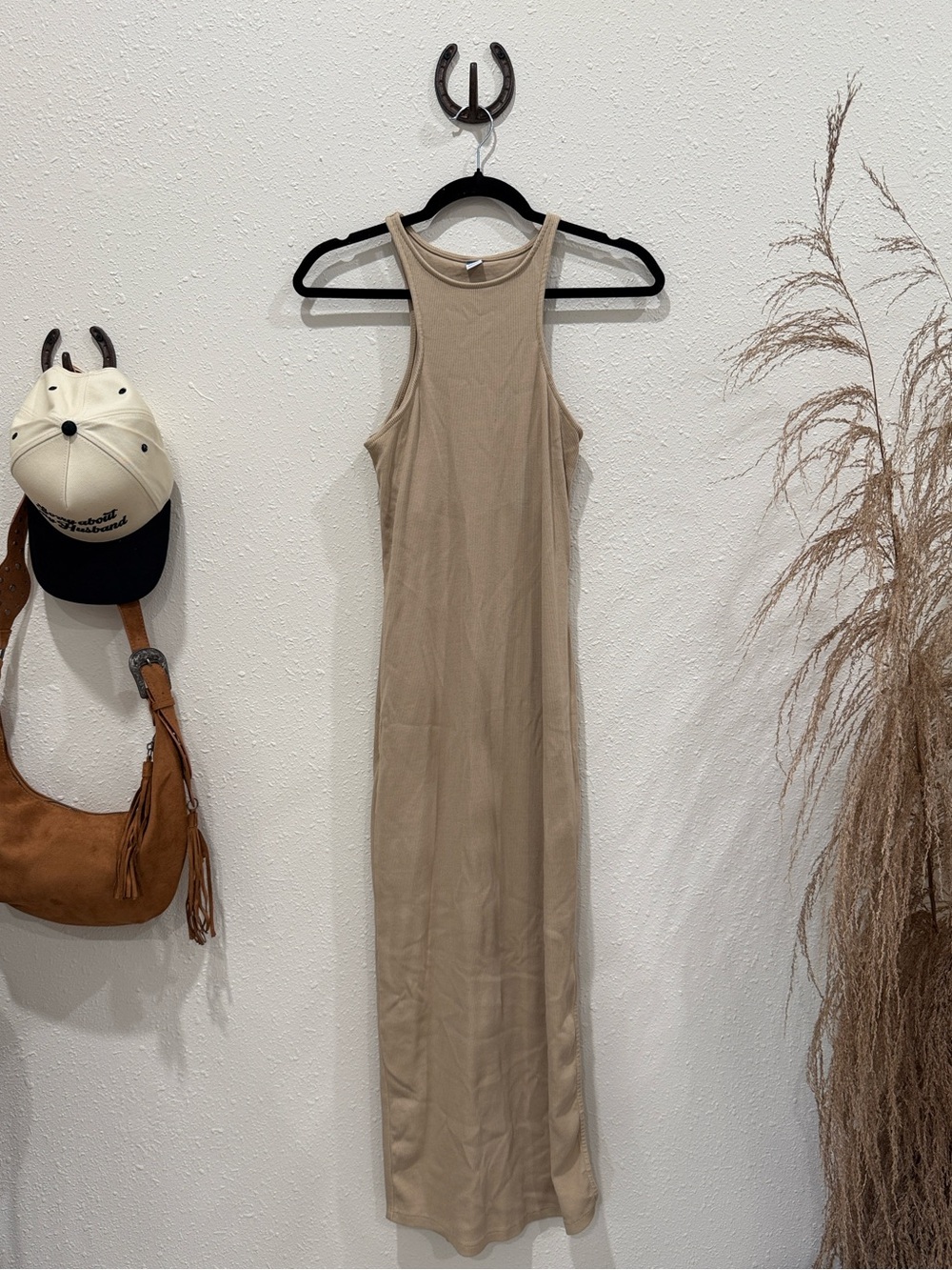 Tan Ribbed Dress with Built in Bra